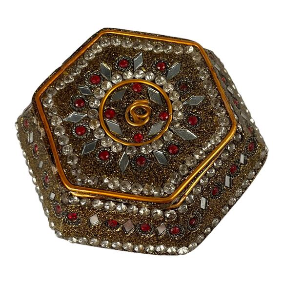 Vintage Jeweled Enameled TRINKET BOX & LID 3.5" Hexagon Jewelry Ring Salt Box - Picture 5 of 7